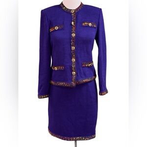 St. John Marie Gray Purple Knit Jacket and Skirt Set with Multicolor Trim Sz 4